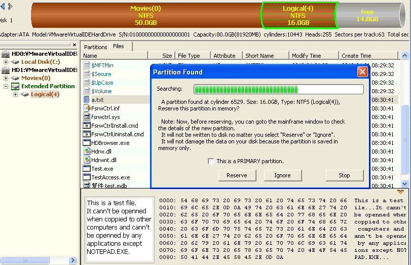 A interface sample when a partition was found