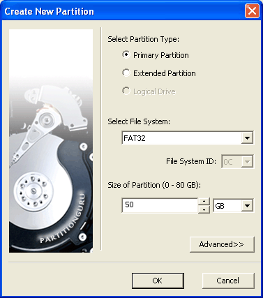 Create New Partition Dialog