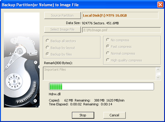 Dialog of Backup Partition Progress