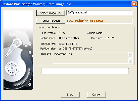 Dialog of Restore Partition From Image File