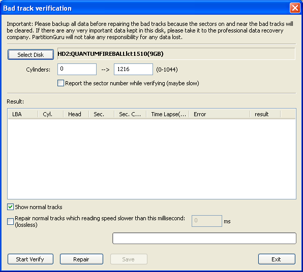 Dialog of Verify and Repair Bad Sectors